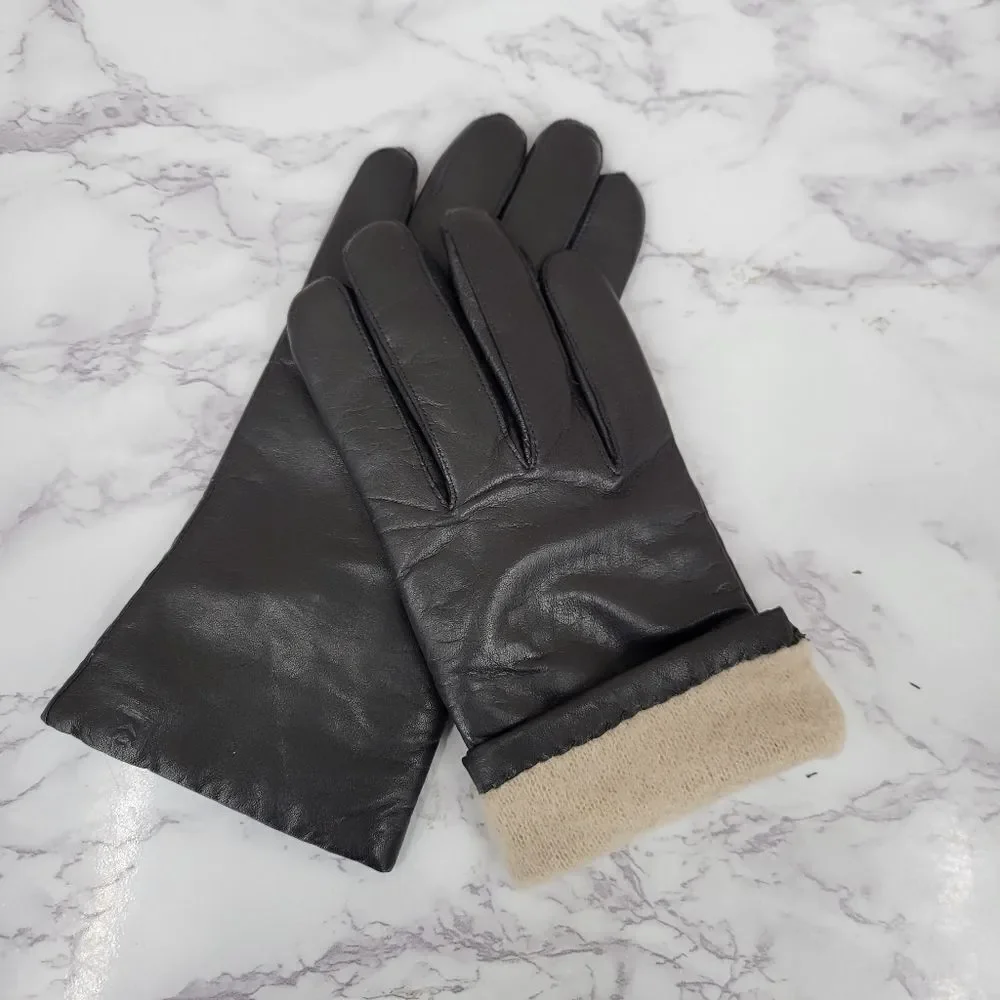 Isotoner Black Leather Driving Gloves with Knit Lining Women's Large